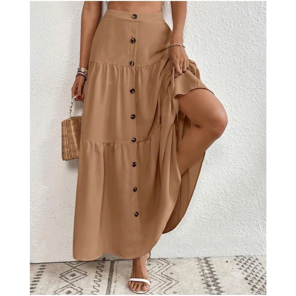 Solid High Waist Button Detail Ruffle Hem Maxi Skirt - Picture 13 of 15